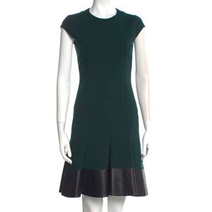 Akris Punto Green Cap Sleeve Faux-Leather Trimmed Pleated A-Line Dress Size 10